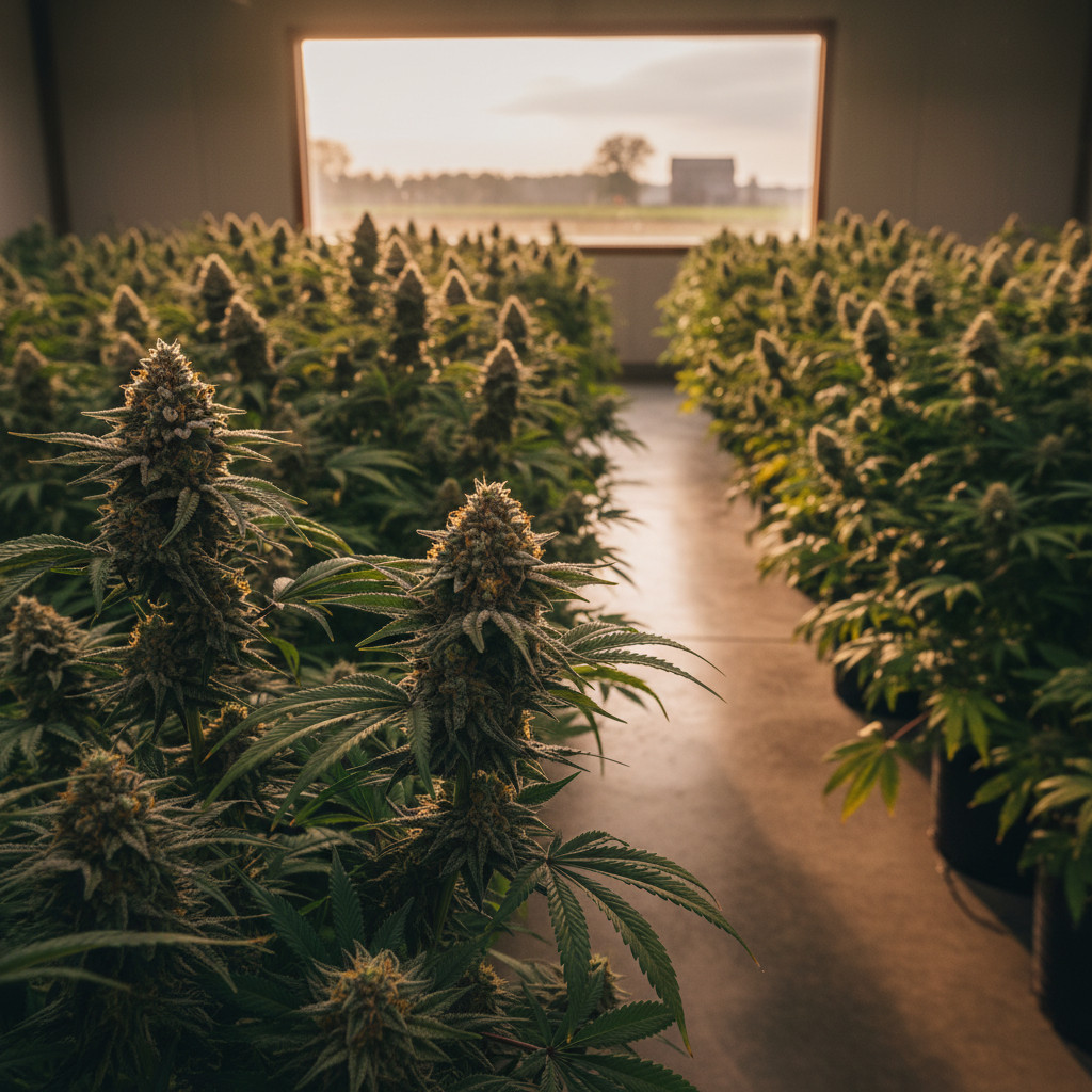 Lush indoor New Jersey cannabis grow room with rows of flowering plants, warm late afternoon light, and visible trichomes on dense buds.