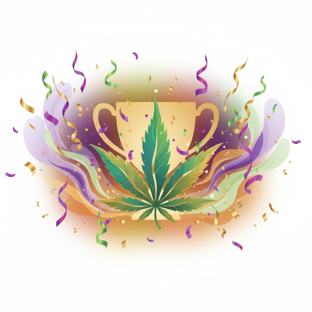 Colorful stylized cannabis leaf with a trophy silhouette, confetti, and terpene-inspired aroma waves