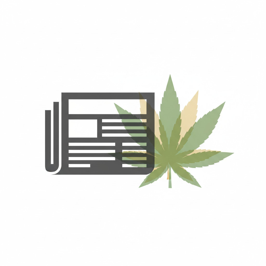 Abstract editorial illustration showing a stylized newspaper silhouette blending into a simplified cannabis leaf in sage green and charcoal tones. Clean vector shapes and layered translucent forms provide a visual cue for media critique and cannabis discussion.