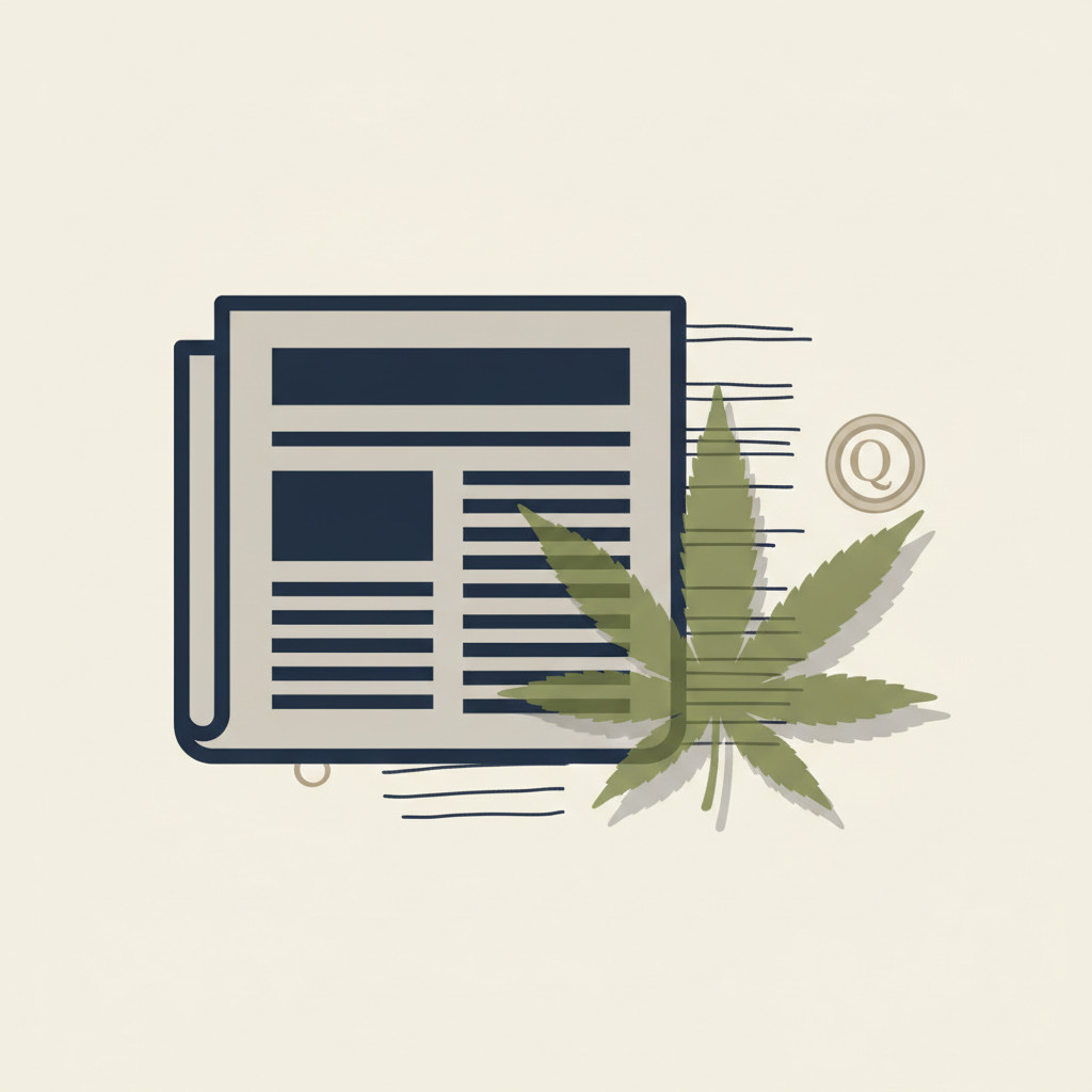 Stylized newspaper silhouette overlapped by a semi transparent cannabis leaf, editorial color palette, flat vector style