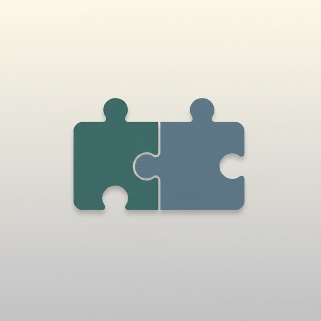 Two rounded puzzle pieces, one teal green and one slate blue, fitting together on a soft gradient background to symbolize partnership and strategic fit.