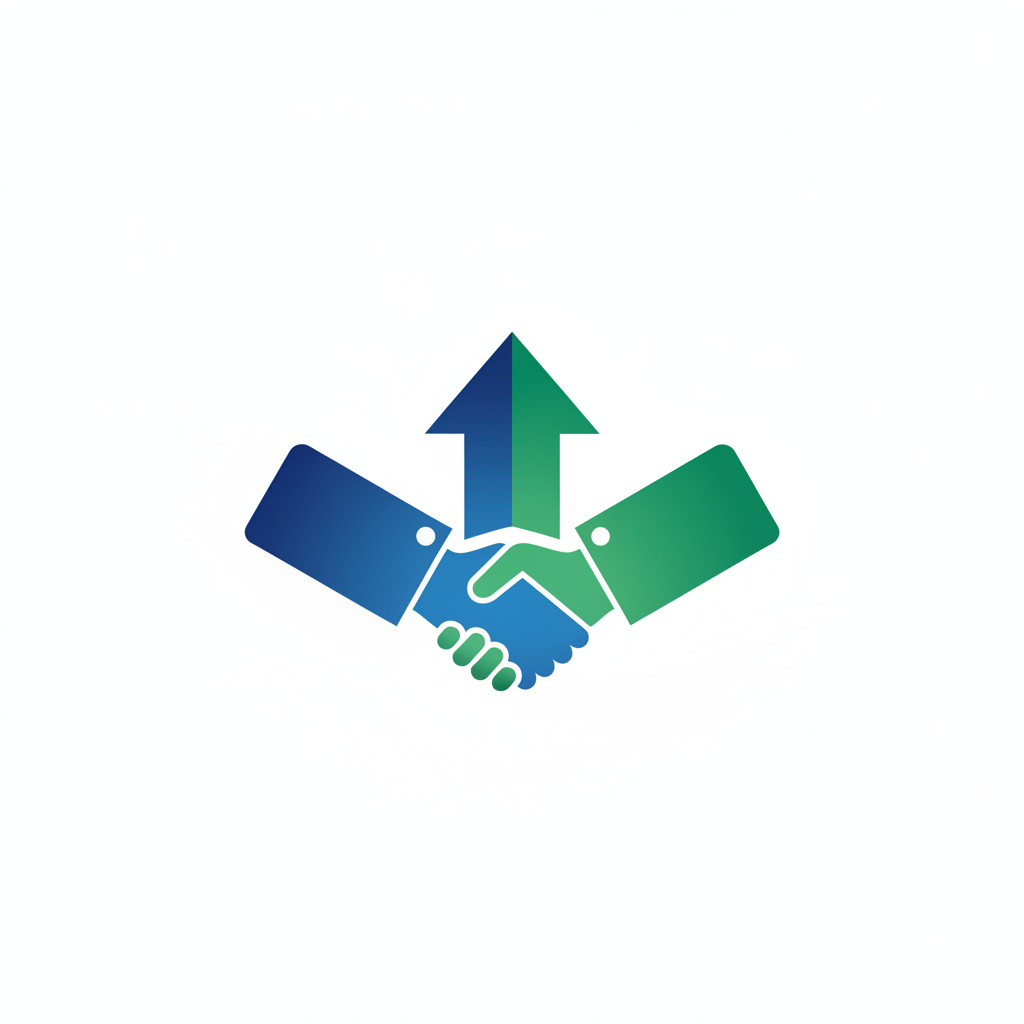 Abstract illustration of two corporate blocks merging with an upward arrow and a subtle handshake formed by negative space. Clean blue and green palette, no text.