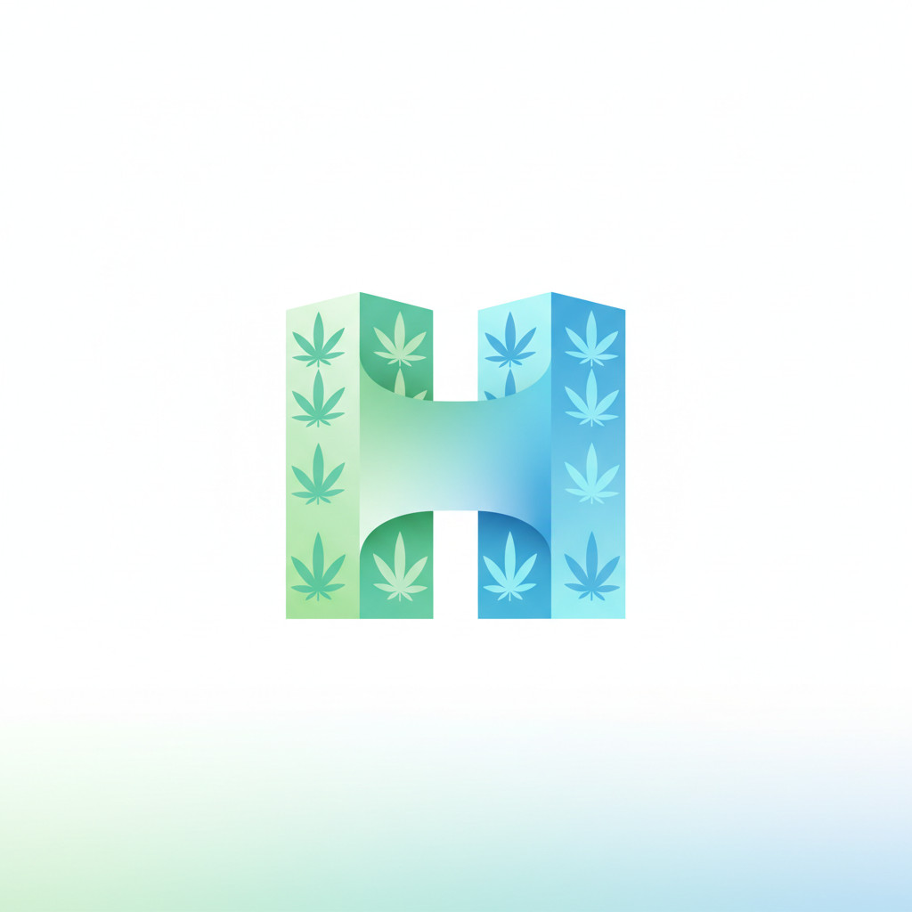 Two stylized corporate buildings with subtle cannabis leaf motifs merging in the center to represent consolidation in the cannabis industry.