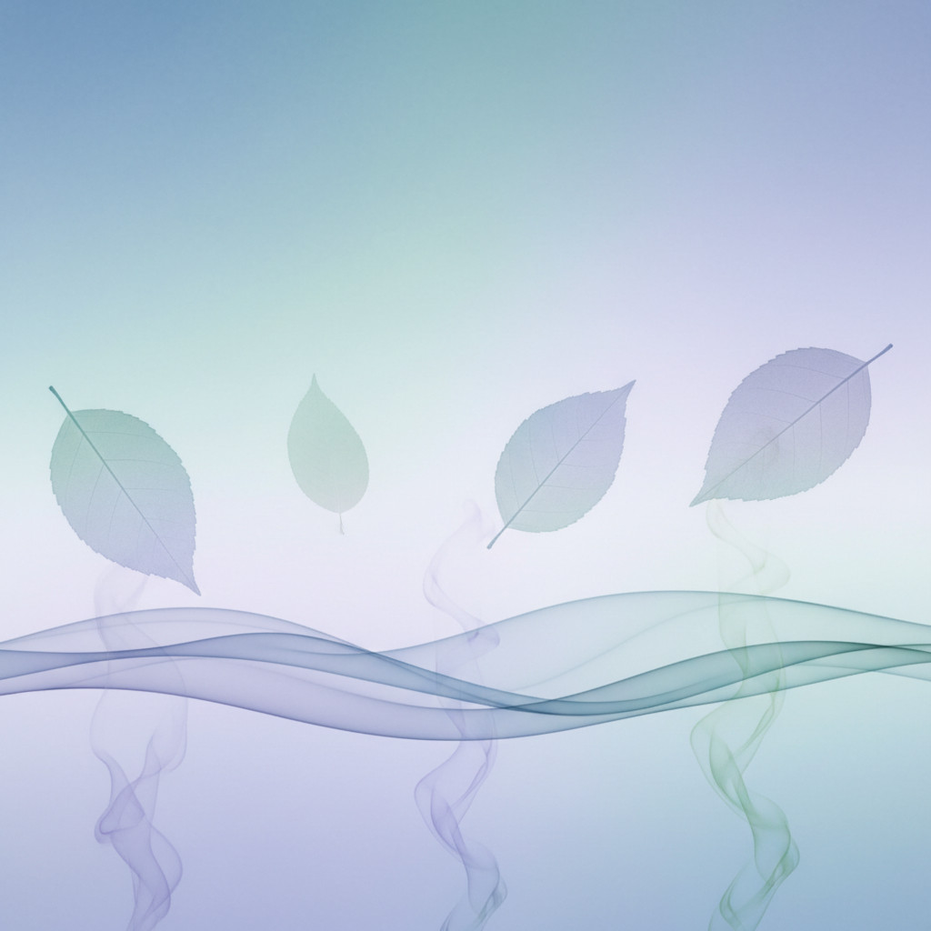 Calming abstract image featuring translucent leaves and soft waves in muted blues and greens, designed as a gentle visual break for an article on PTSD support using essential oils and CBD.