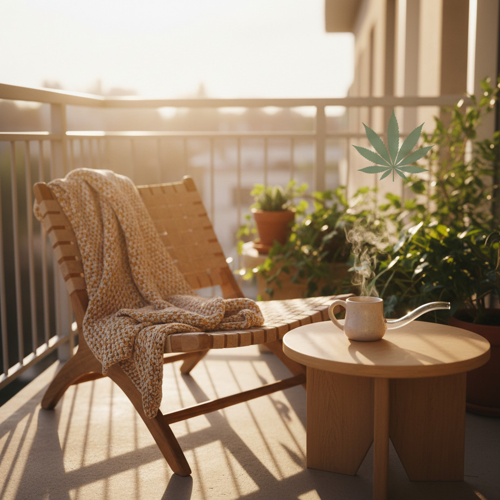 Sunlit balcony with a knit throw and potted cannabis among greens
