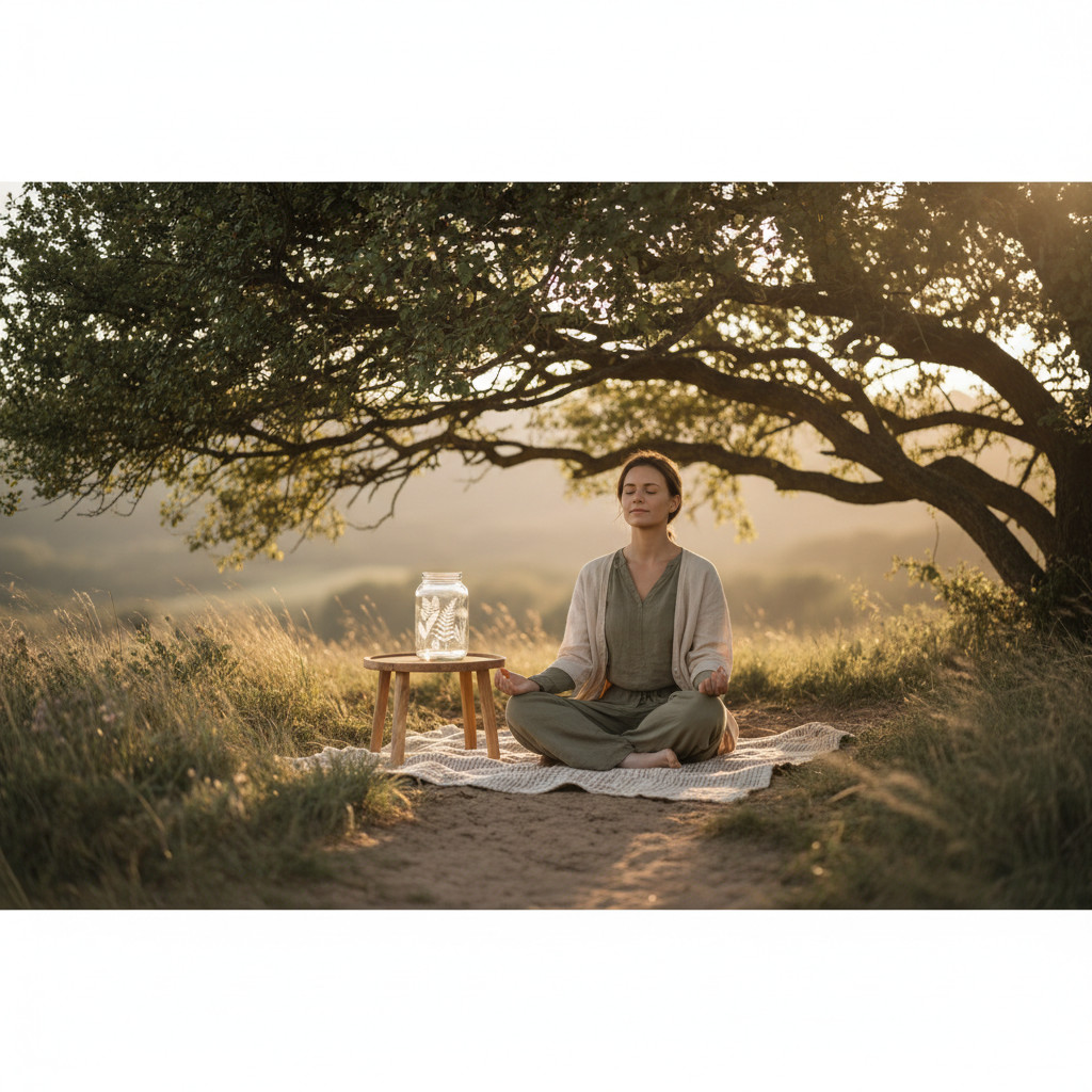 A calm outdoor scene with a relaxed person sitting under a tree, soft greens and warm earth tones evoke peacefulness