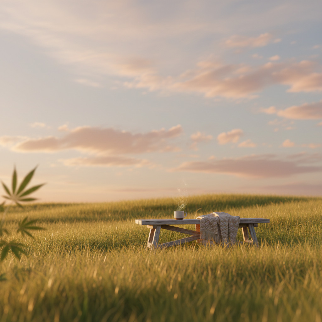 calming meadow with bench and subtle cannabis plant silhouette