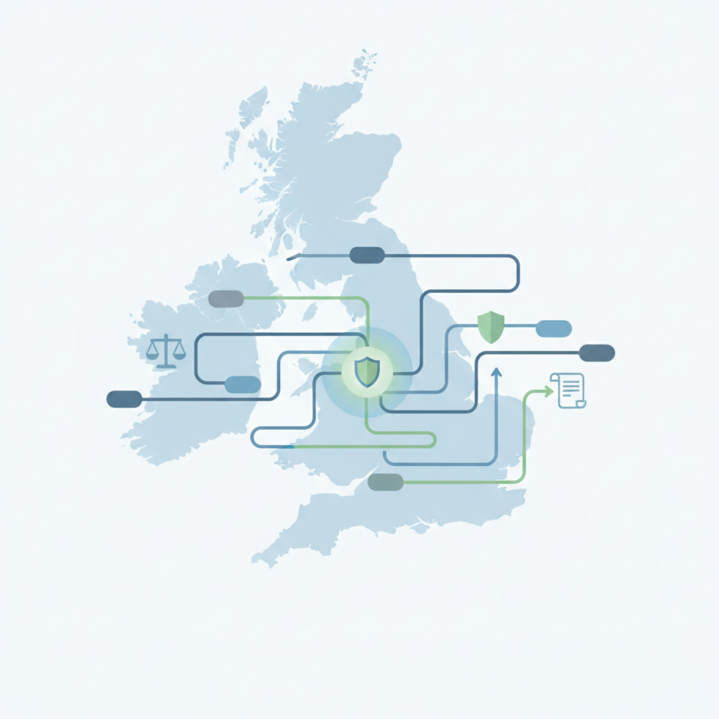 Abstract visual of the UK CBD regulatory environment showing a UK silhouette in soft opacity, an abstract pathway or maze leading to a central highlighted point, symbolic legal icons as simple shapes, and scattered rounded barriers representing regulatory hurdles. Calm blues, muted greens, and soft greys with generous negative space.