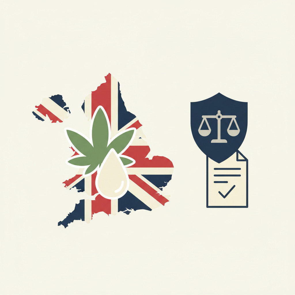 A flat, symbolic illustration showing a UK map silhouette, a stylized cannabis leaf and oil drop on the left, and a regulation shield with a balanced scale and document icon on the right. Navy, muted green, cream, and soft gray palette.