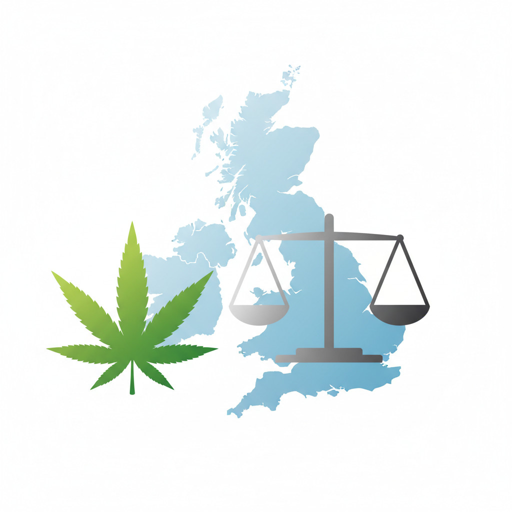 Illustration of a green hemp leaf beside a grey scales of justice overlaying a light blue UK map silhouette on a white background