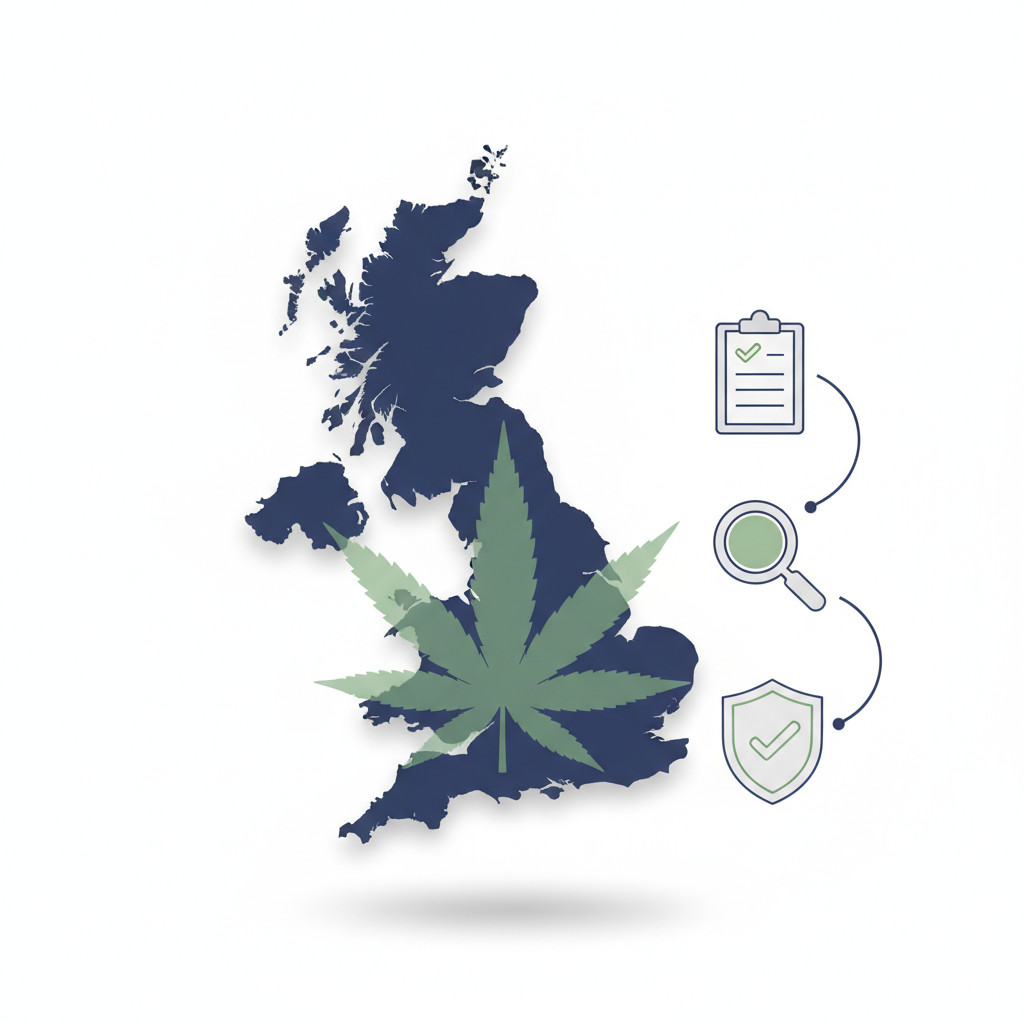 Simple illustration showing a UK map with a translucent hemp leaf overlay and three icons representing application, assessment, and authorization stages