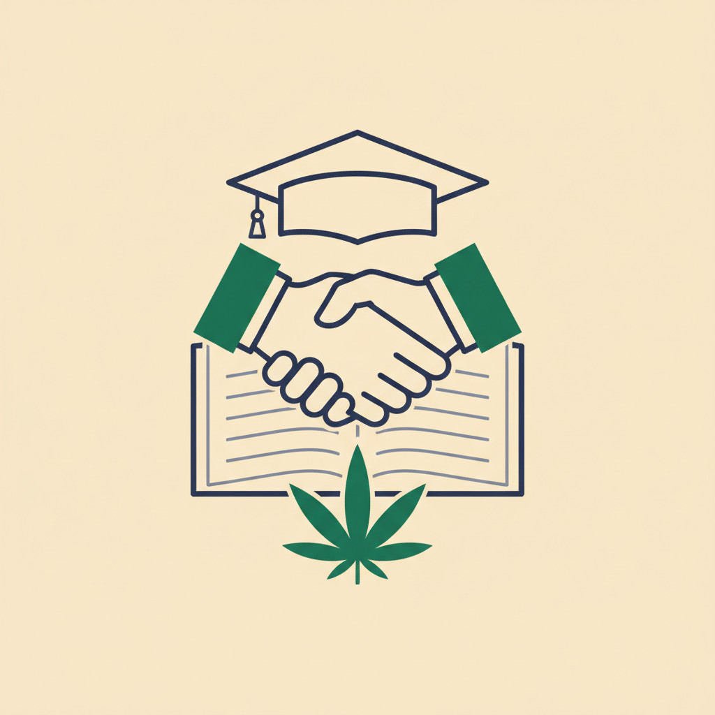 Two hands shaking over a cannabis leaf with an academic backdrop