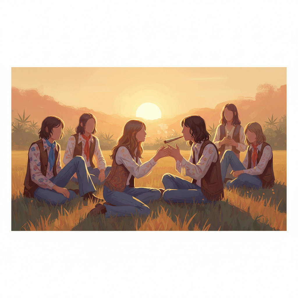 Woodstock attendees in a sunset meadow embracing cannabis