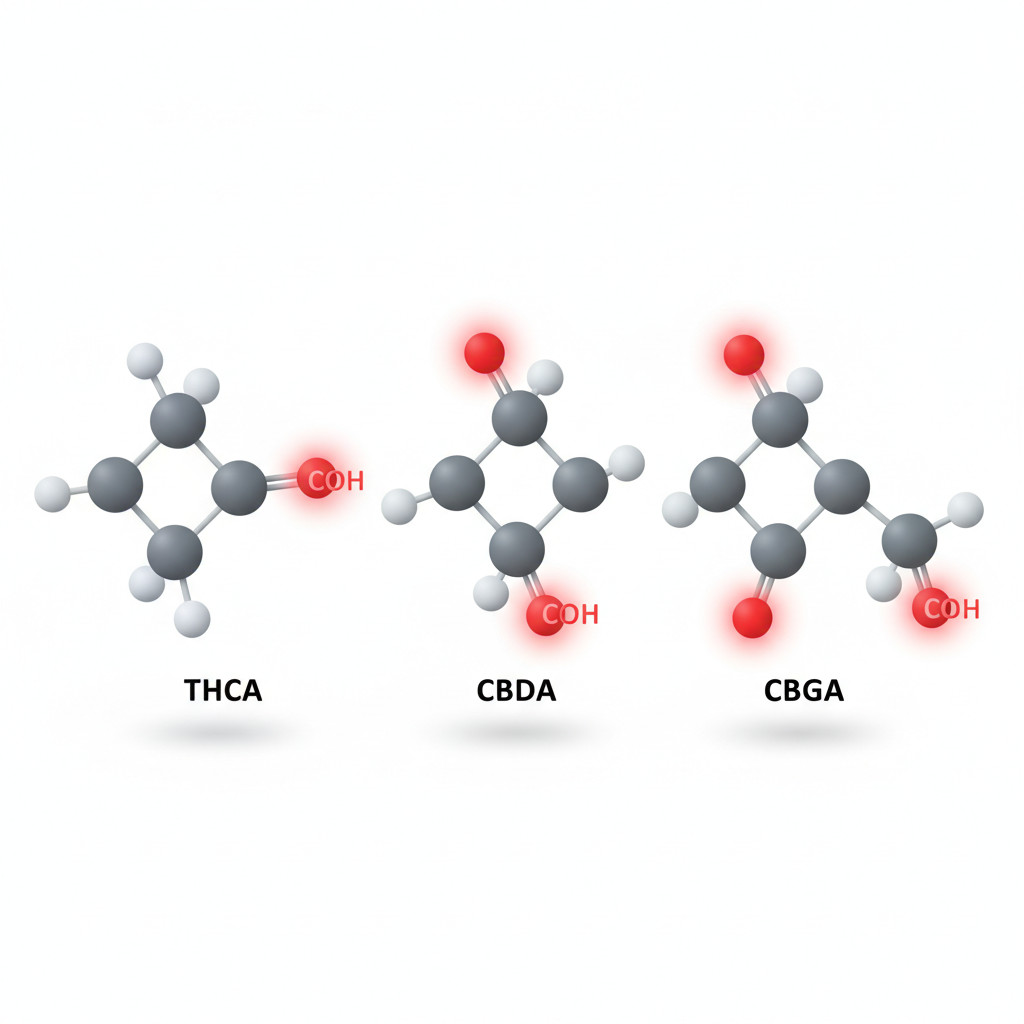 Simple ball-and-stick models of THCA, CBDA, and CBGA on a clean white background. The carboxyl groups are highlighted with brighter red oxygen atoms to show the COOH feature that defines acidic cannabinoids.