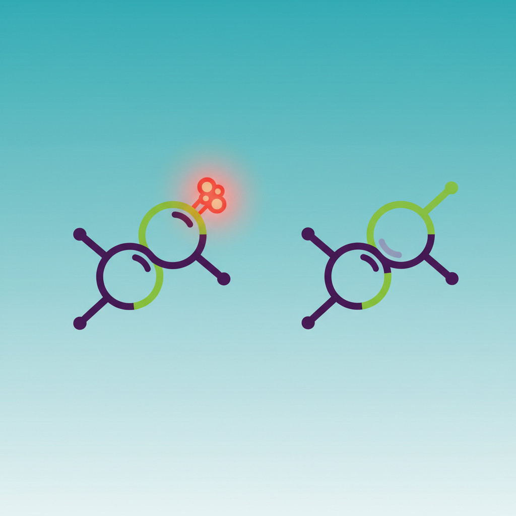 Colorful schematic showing two stylized molecular silhouettes side by side. The acidic form features a bright red orange rounded carboxyl group attached to the structure. The neutral form lacks this cluster and shows a faded connection site. Soft teal to light blue gradient background with deep purple lime green and orange accents for clarity.