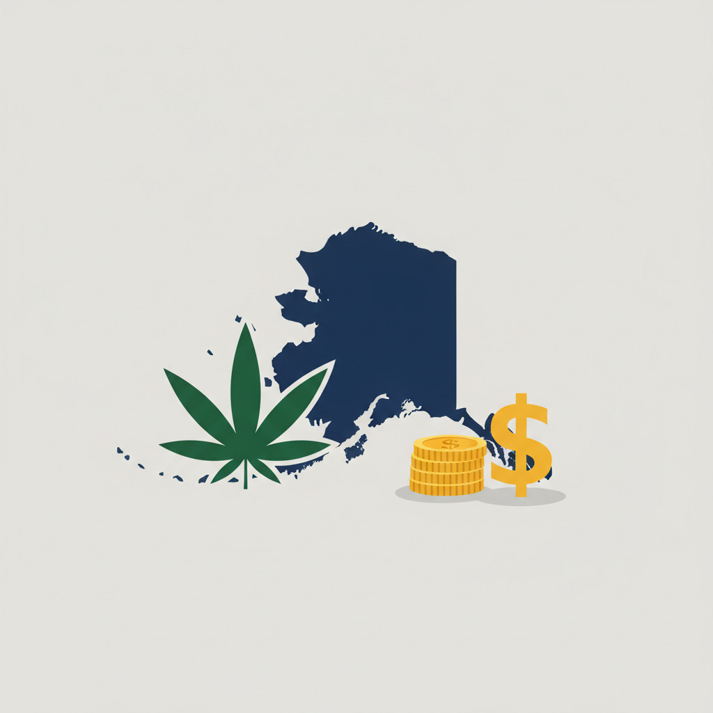 Alaska cannabis outline with leaf and coins