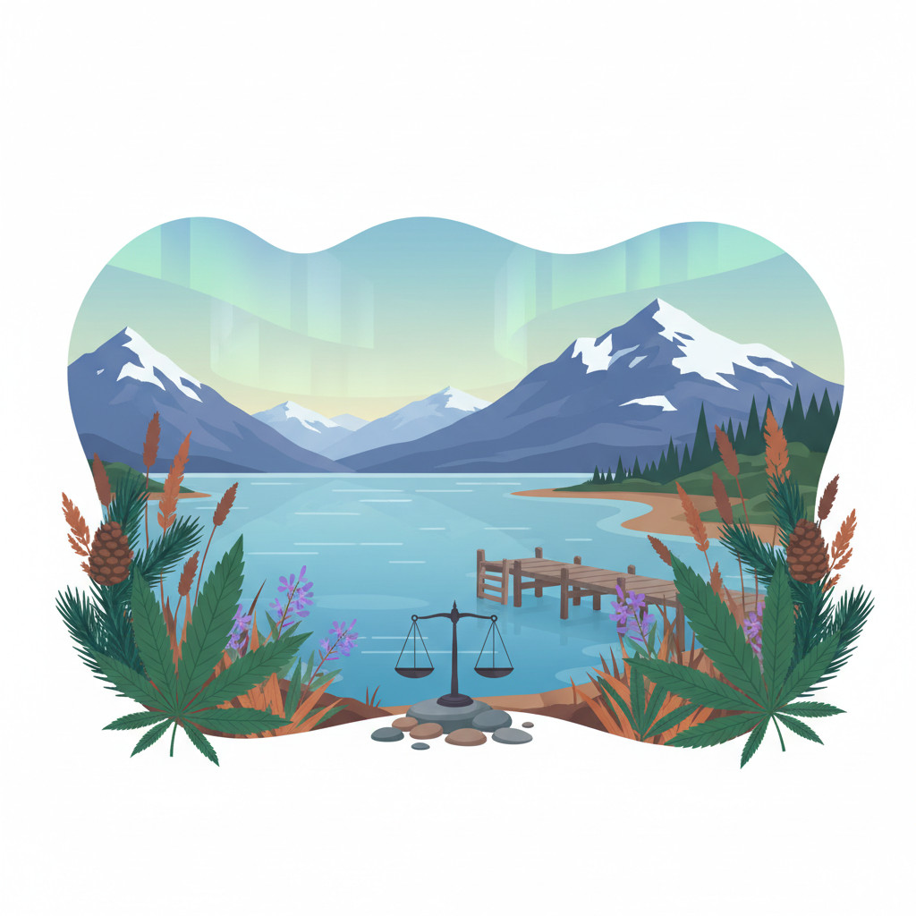 A calm Alaskan coastal scene with snow capped mountains and a soft aurora in the sky. In the foreground, cannabis leaves blend with spruce branches and tundra grasses. A small dock and a pair of balanced scales sit subtly among the plants to suggest policy and tax balance. The palette uses deep greens, icy blues, and soft purples for a hopeful, editorial tone.