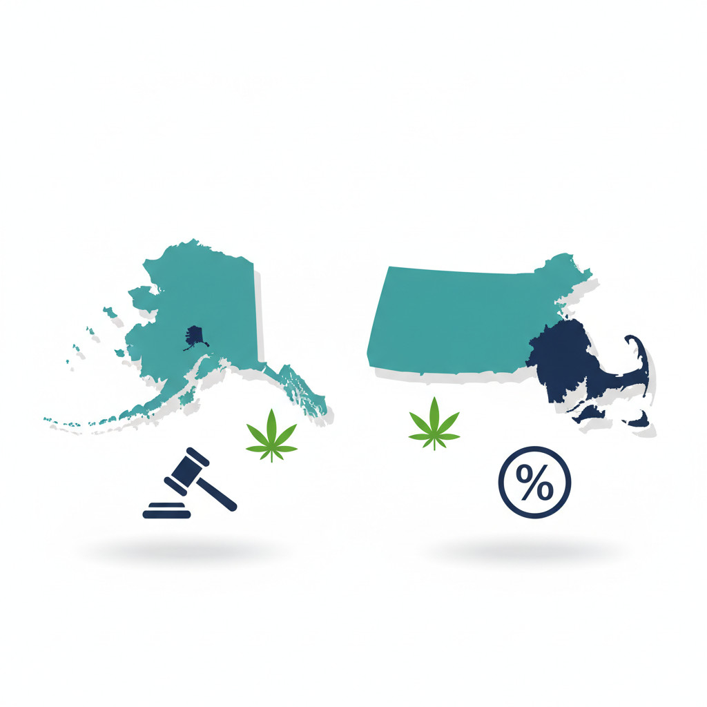 Simple icon-style image showing symbolic Alaska and Massachusetts maps with cannabis and policy icons