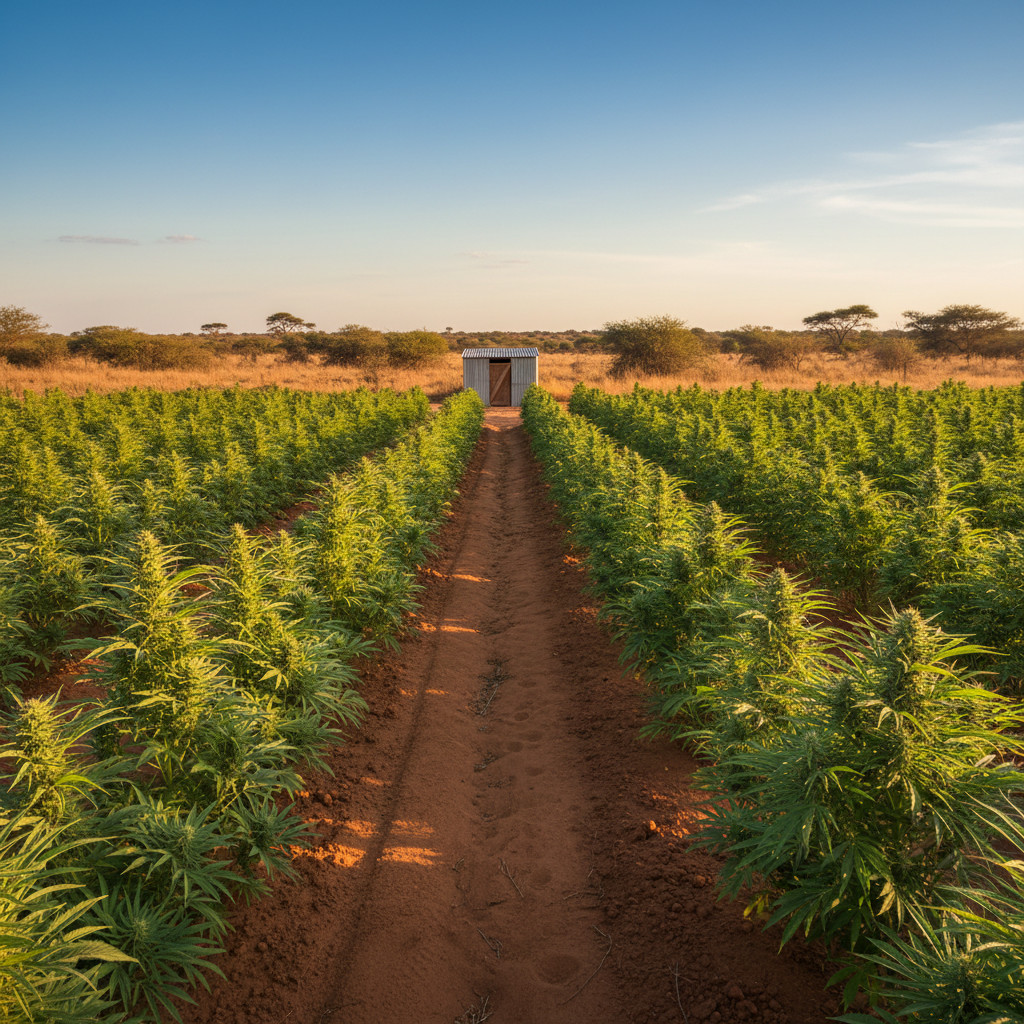 A sunlit hemp field in Botswana showing neat rows of hemp plants, red sandy soil, a small farm shed and distant acacia trees under a clear blue sky, evoking natural growth and agricultural opportunity.