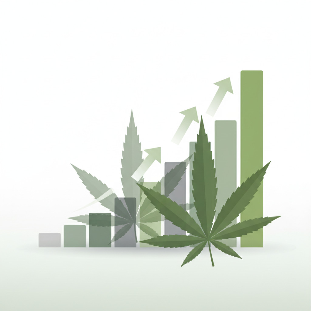 Stylized upward chart with cannabis leaves and arrows highlighting a spike at the end to represent the December sales record.