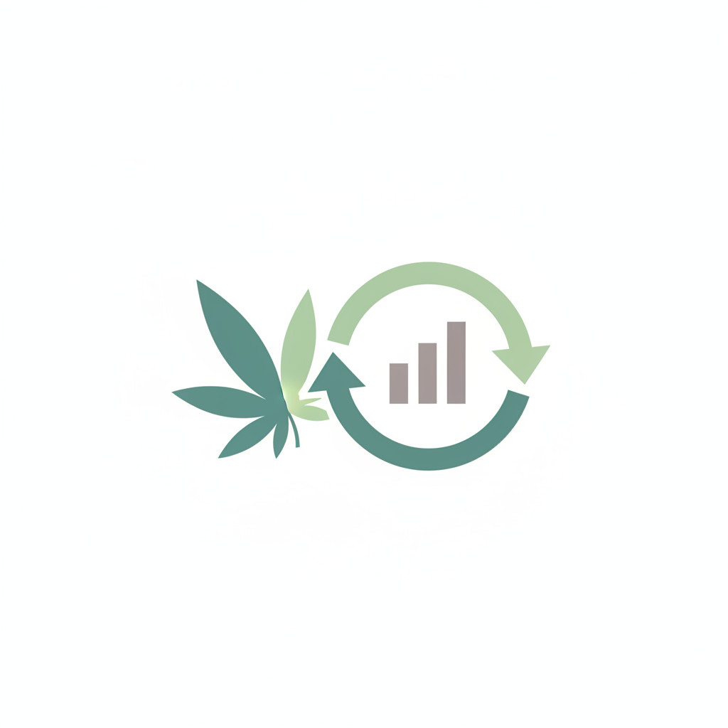 Concept image showing a stylized cannabis leaf with circular arrows representing stock buybacks and simple stock bars