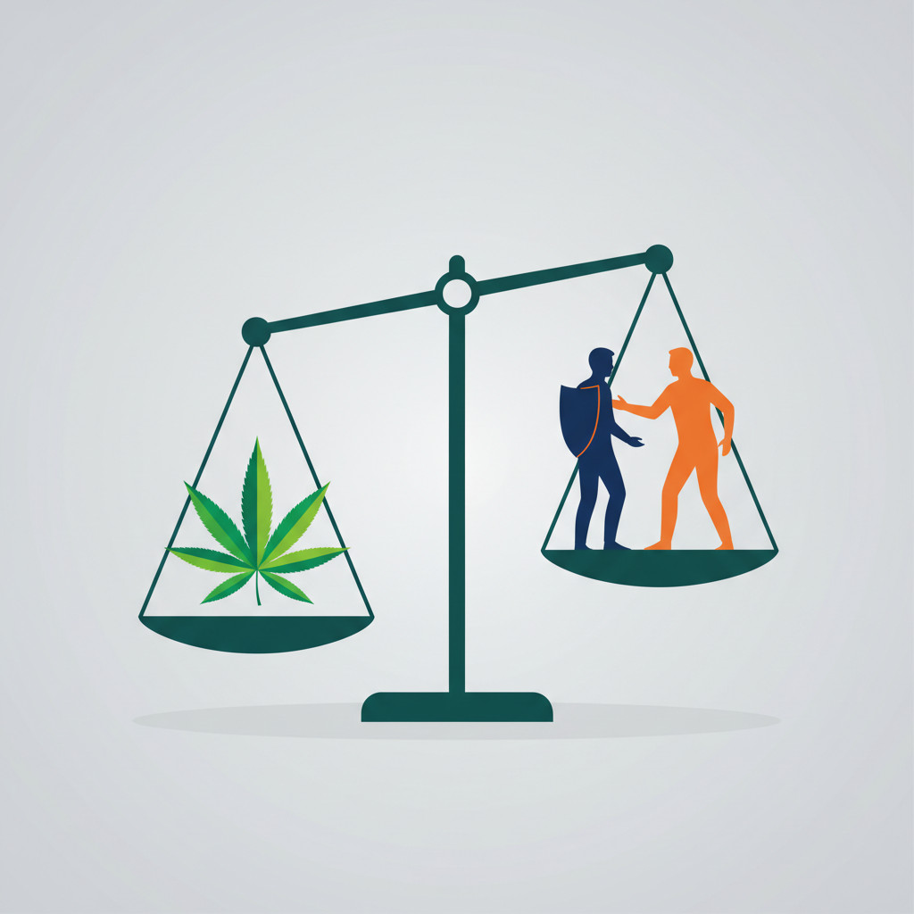 A balanced scale with a stylized green cannabis leaf on one side and two contrasting silhouettes on the other, symbolizing the debate between regulation and advocacy.