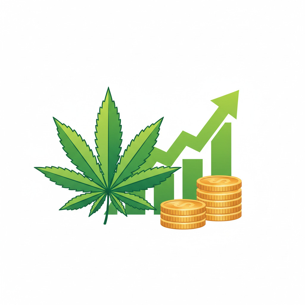 Stylized green cannabis leaf beside an upward arrow and stack of gold coins symbolizing market growth and financing
