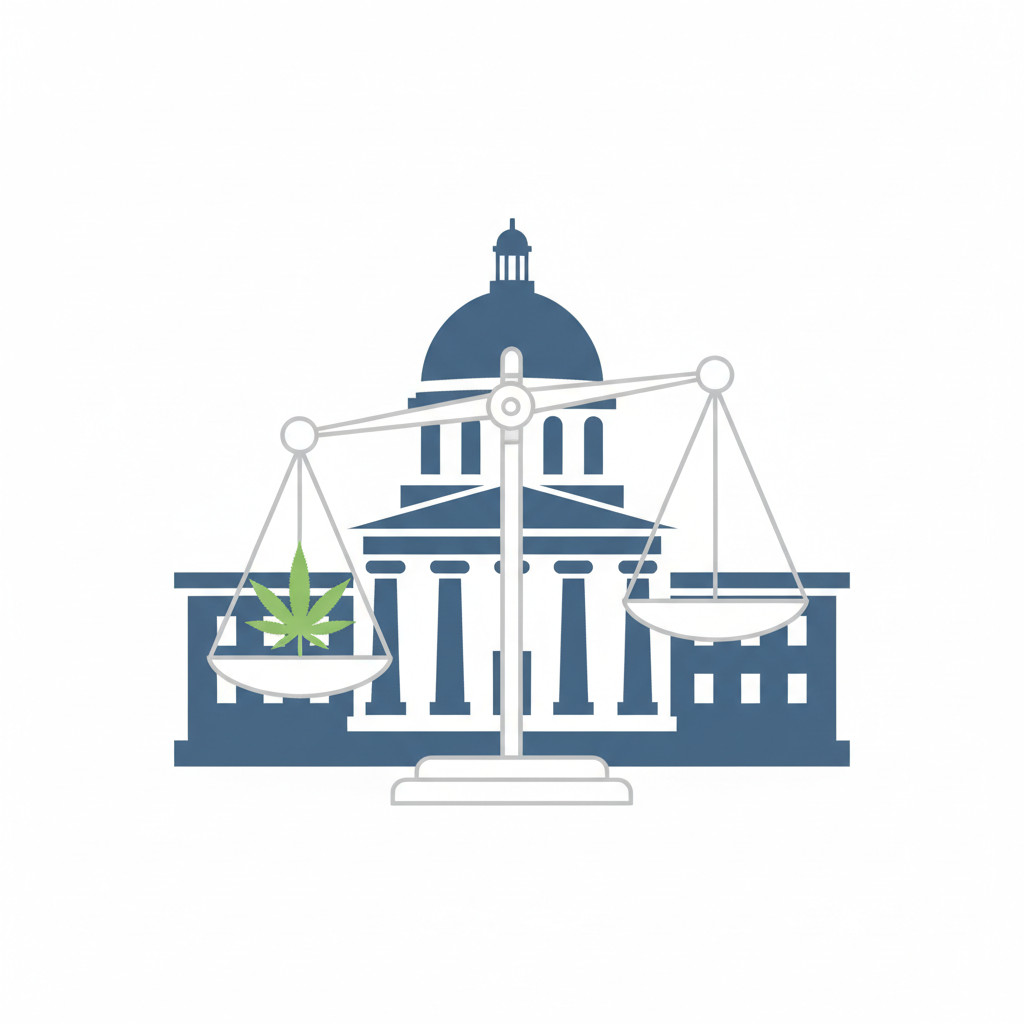 Balanced scale and government silhouette with cannabis leaf