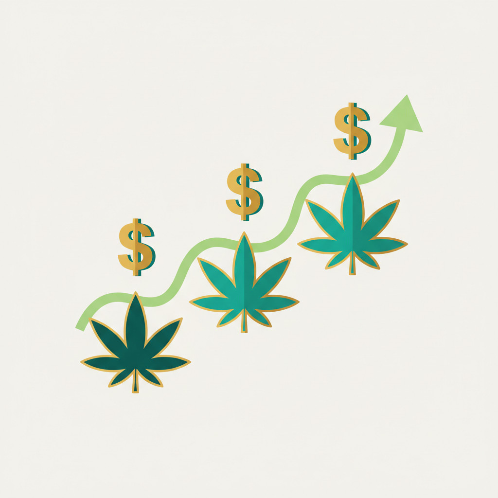 Illustration of upward cannabis market momentum with leaves, arrows, and dollar symbols