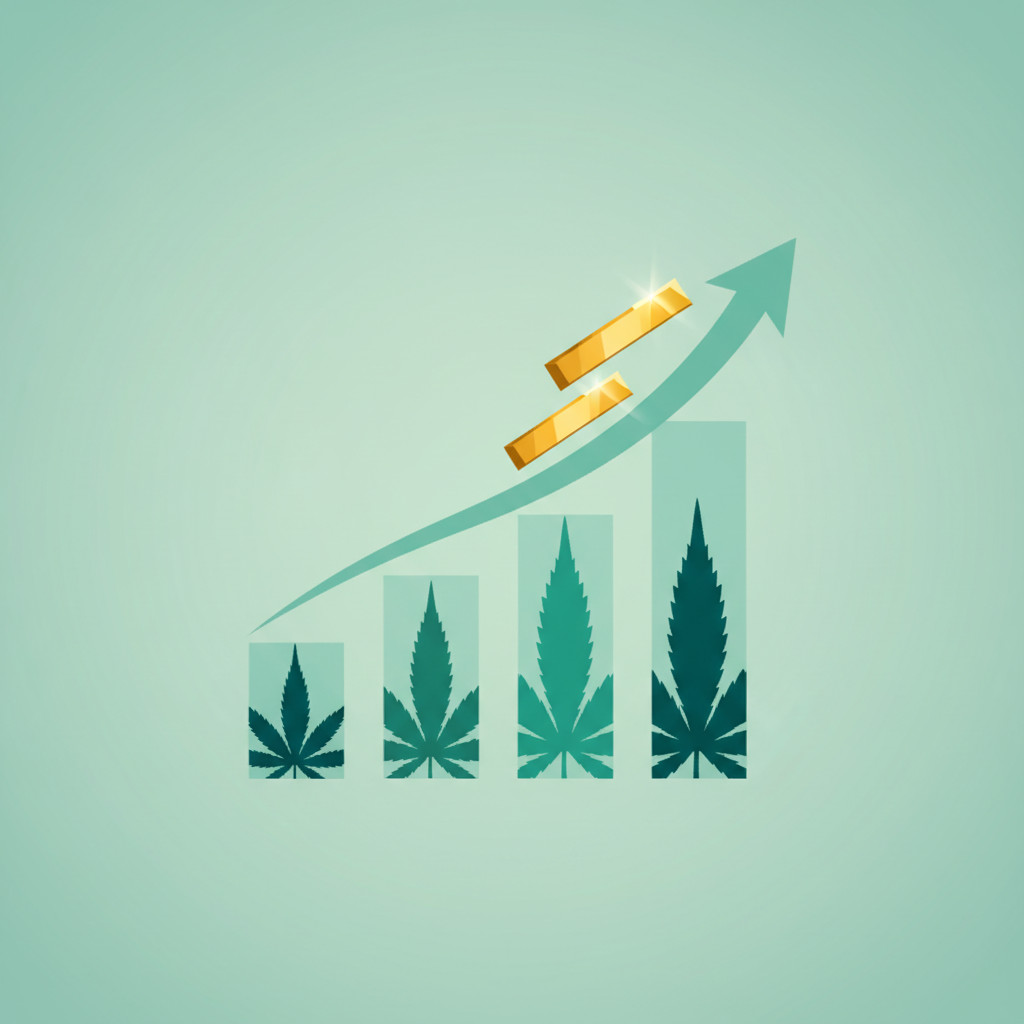 Illustration of stylized cannabis leaves integrated with ascending bar chart columns and an upward arrow to represent market growth