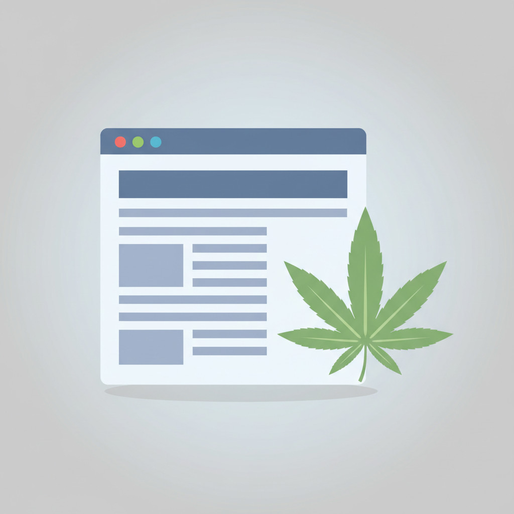 Stylized illustration of a newspaper and digital news screen overlapping a tasteful cannabis leaf, using muted blues and greens to symbolize media coverage of cannabis.