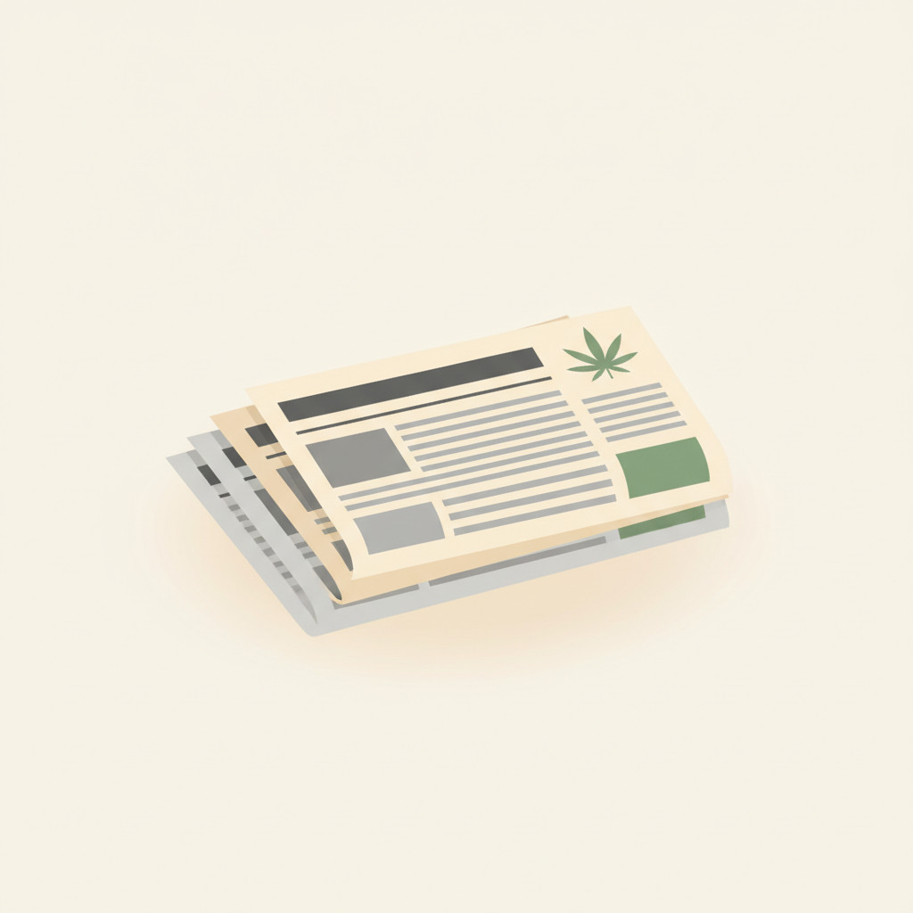 A clean vector illustration of overlapping newspapers with subtle green leaf motifs, soft shadows, and muted colors. The design uses abstract headline blocks and column shapes to suggest news coverage without any readable text.