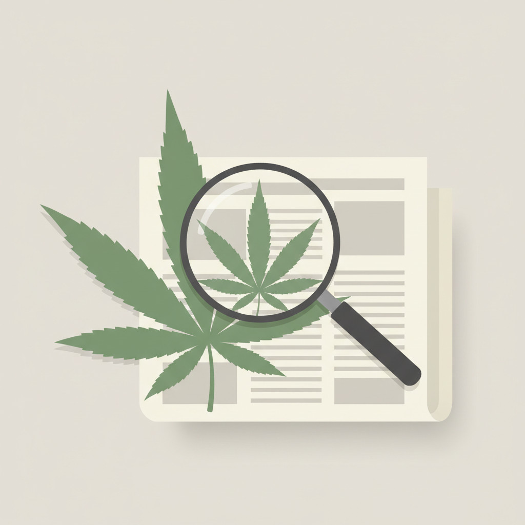 Magnifying glass hovering over a green cannabis leaf on top of a folded newspaper, symbolizing media analysis and critical review.