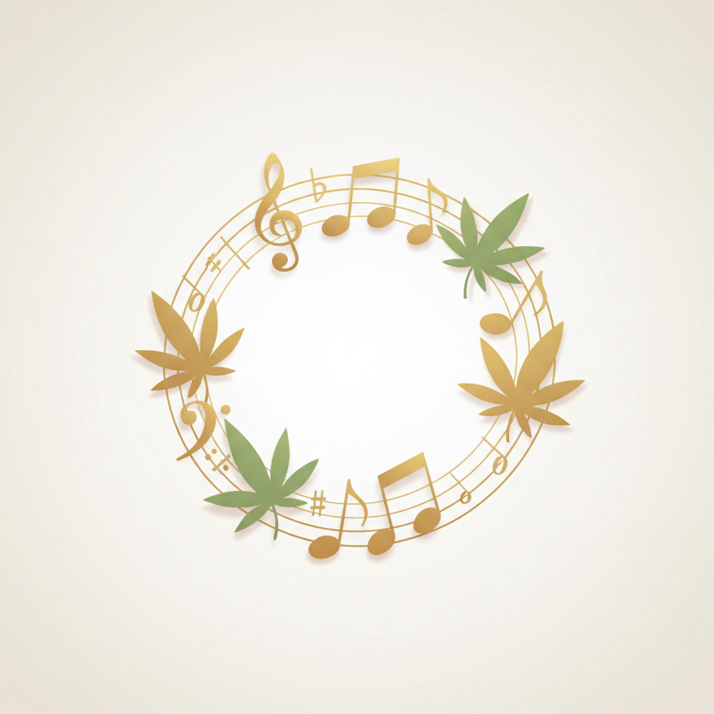 Musical notes and cannabis leaves intertwined in a simple vector illustration