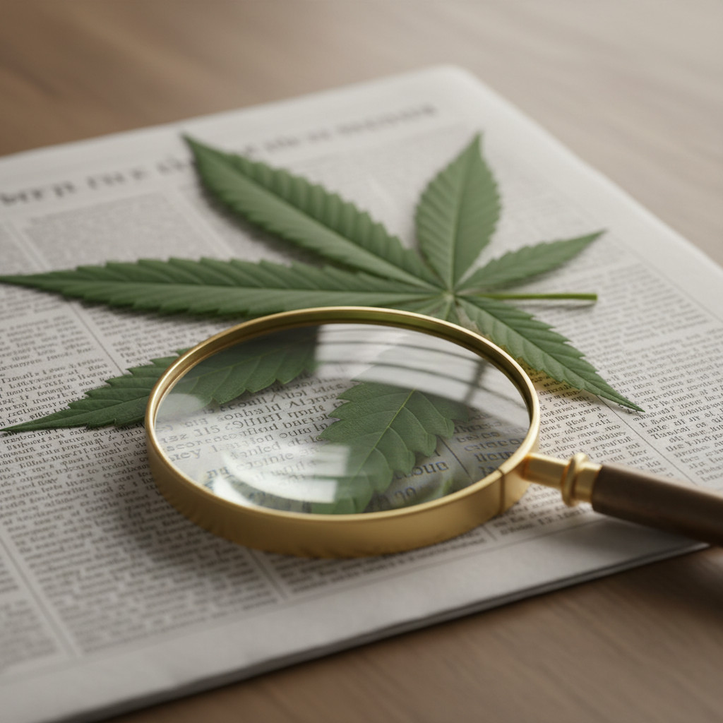 Cannabis leaf under magnifying glass on newspaper