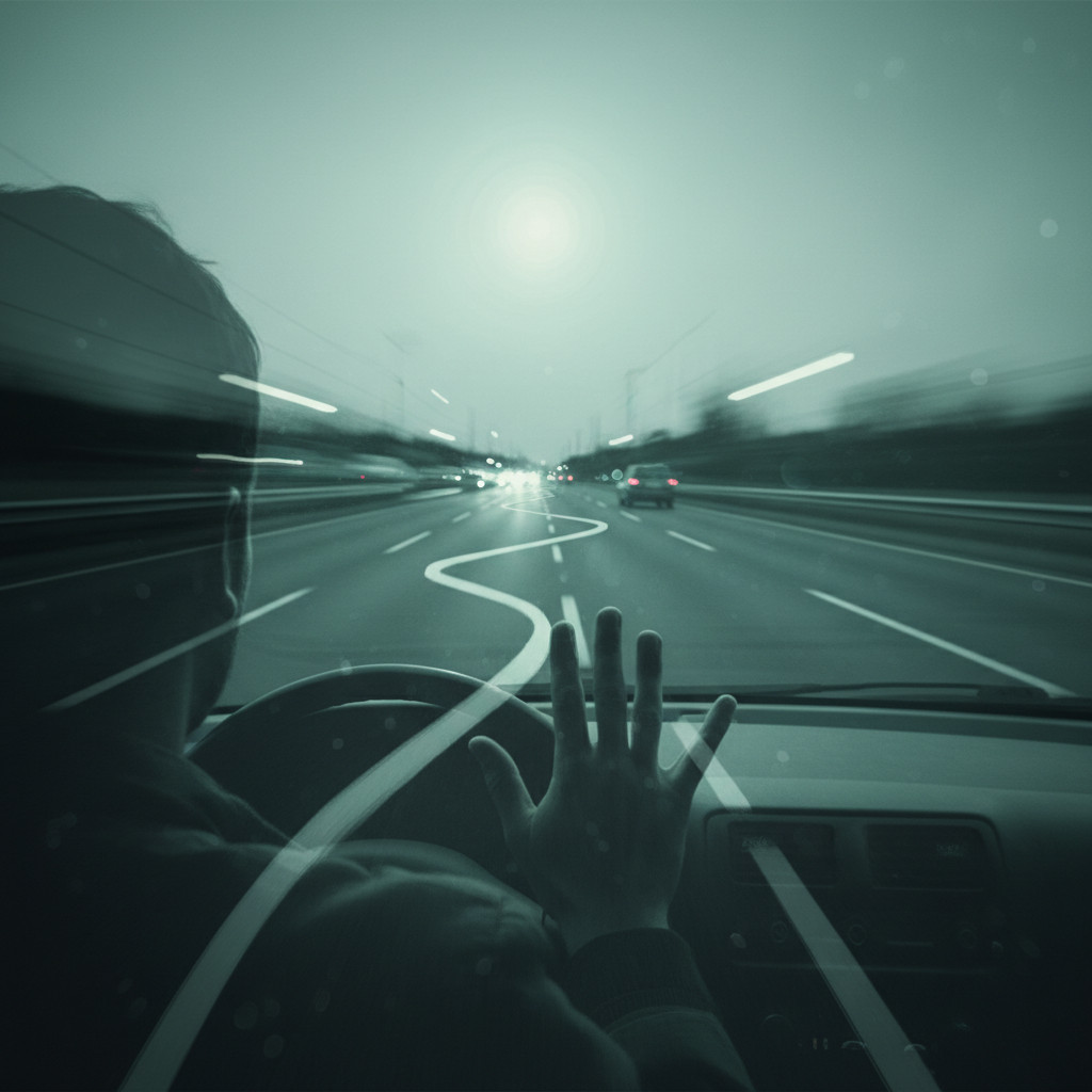 Driver silhouette inside a car at dawn with motion blur and wavy lane markers representing blurred vision, slowed responses, and impaired coordination
