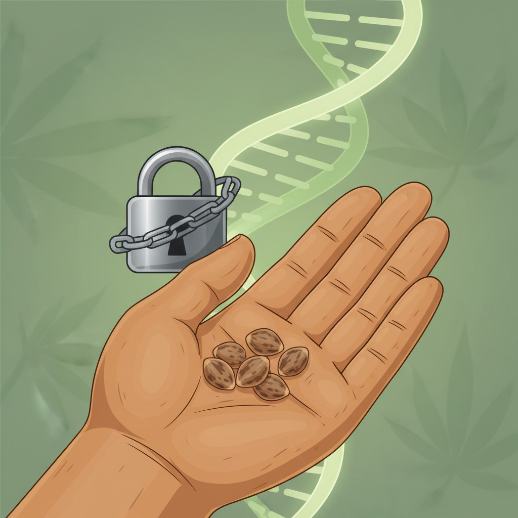 Conceptual illustration of cannabis seeds in a small bowl with a translucent DNA helix behind them and a subtle metallic lock partially encircling the helix to symbolize genetic control or monopoly influence over seeds.