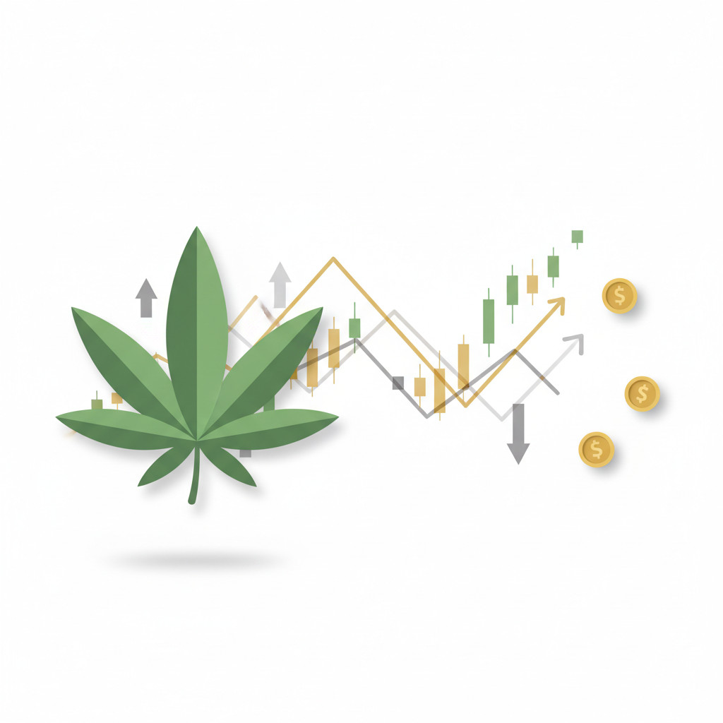 A flat vector illustration showing a stylized cannabis leaf on the left with layered stock chart lines and simple candlestick marks across the center. Muted gold coin icons appear on the right. Colors are greens, golds, and neutral grays. No text appears in the image.