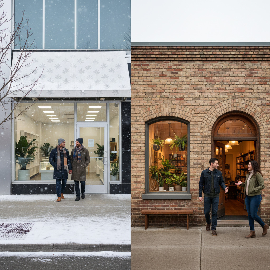 Split-scene photo showing a modern Canadian dispensary with light snowfall on the sidewalk and a warm Midwestern Michigan dispensary with a brick facade