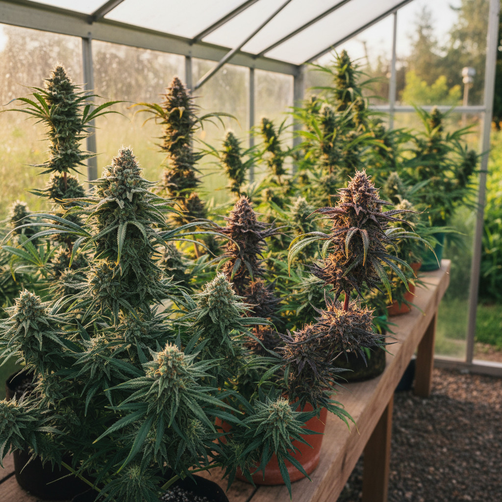 Various cannabis strains in a natural garden setting