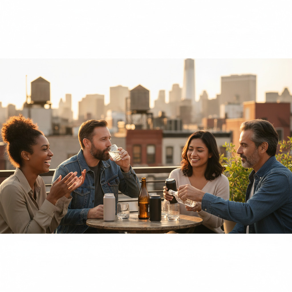 Diverse consumers enjoying low-THC beverages on a rooftop with New York skyline