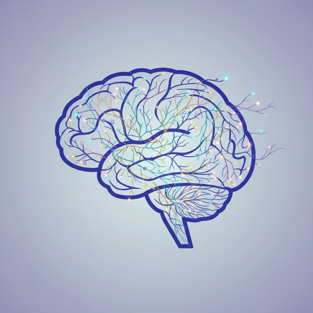 Abstract side-view brain silhouette with glowing neural pathways and synapse highlights symbolizing neuroplasticity and brain activity