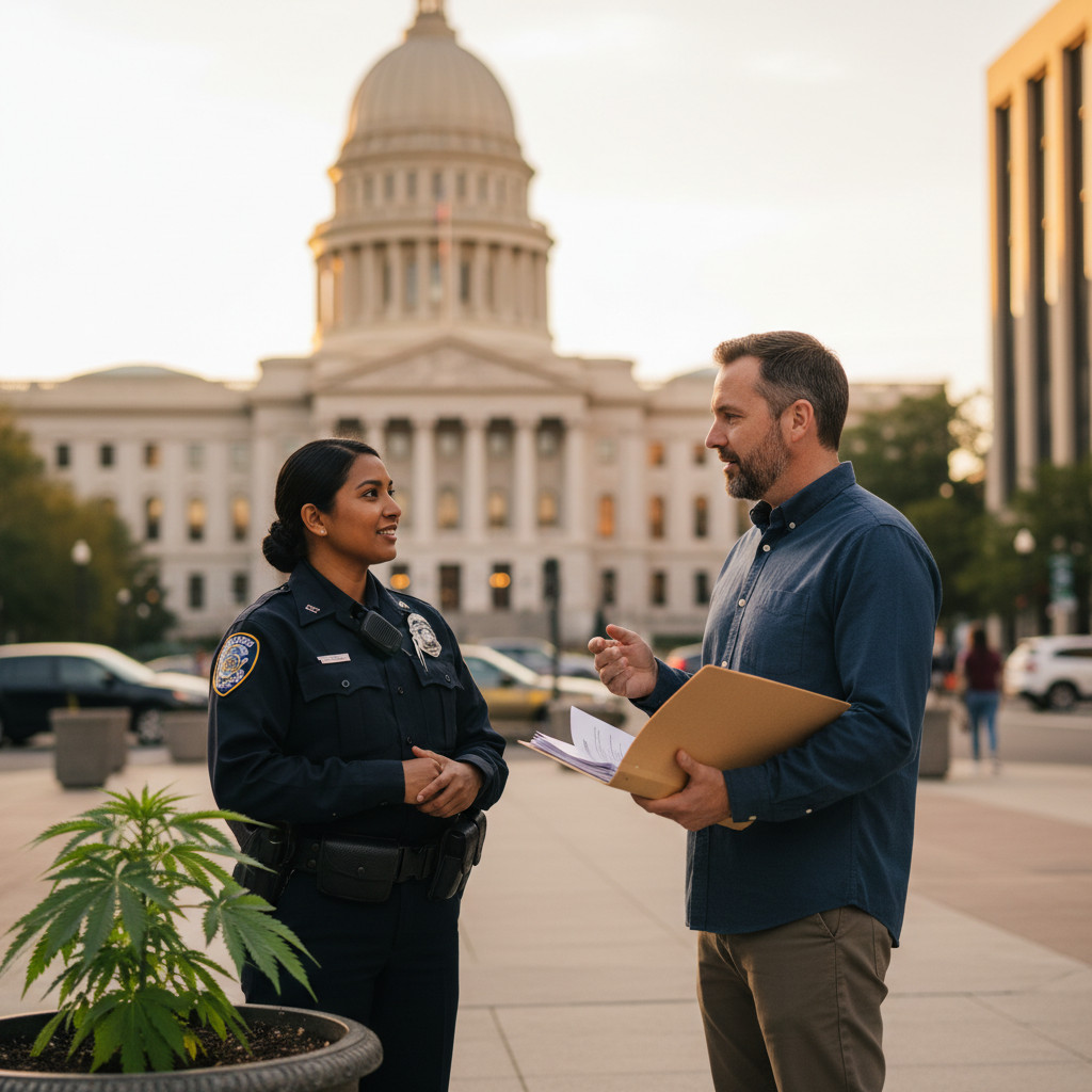 A police officer and a cannabis law reform advocate calmly discussing near a state capitol building at sunset. A small hemp plant appears in the foreground to symbolize the cannabis odor debate.