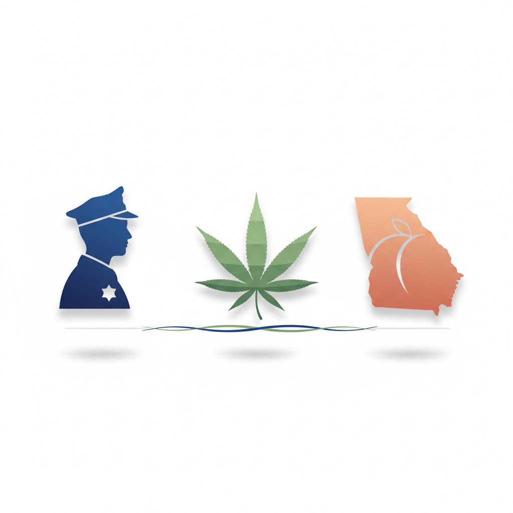 Stylized police badge silhouette on the left, abstract cannabis leaf center, and peach shaped Georgia outline on the right in calm blue, muted green, and warm peach colors. No text.