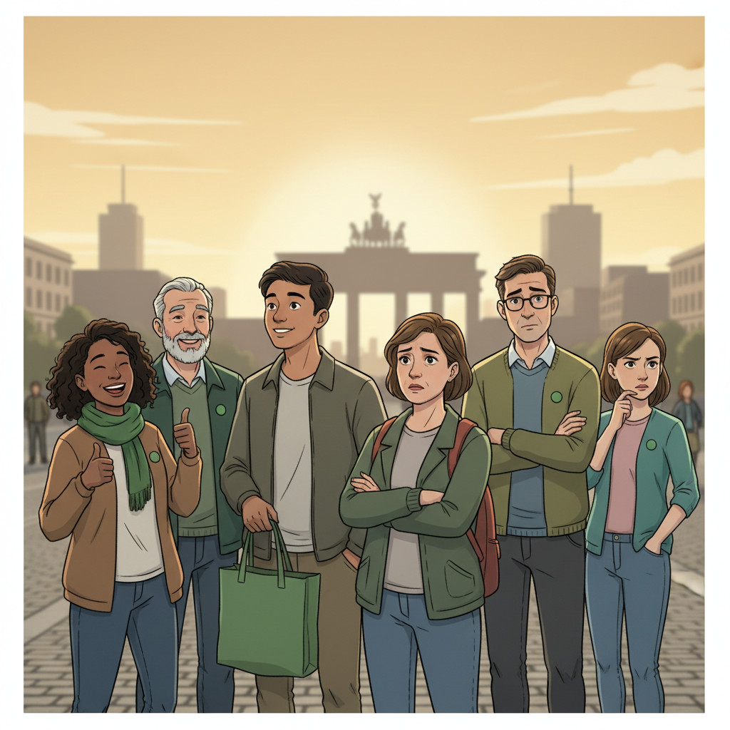A photo-realistic illustration of a diverse group of people in an urban square near a distant Berlin skyline. Some individuals show support with smiles, others cross their arms in concern, and one looks skeptical with hand to chin. Green accents on clothing subtly reference the cannabis debate without any text or paraphernalia.