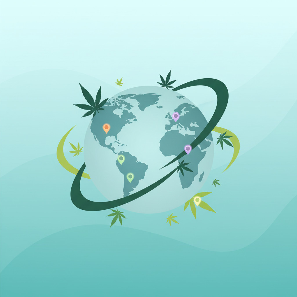 A stylized globe with cannabis leaves and subtle regional markers showing international cannabis activity. The illustration uses a clean flat vector style with teal and light blue gradients to keep the image professional and approachable.