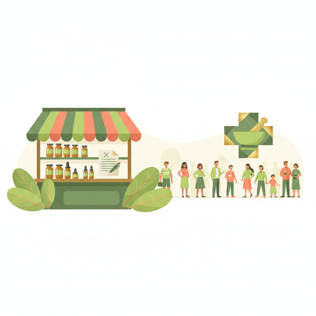 Colorful vector illustration of a welcoming pharmacy-market storefront with green medicinal leaves, a pharmacy symbol, shelves with amber bottles, and small patient figures — no text in image.