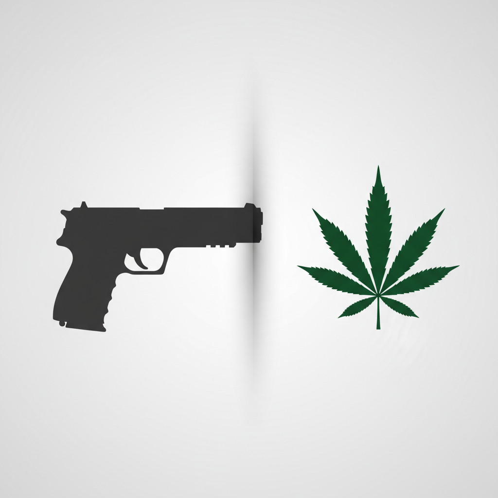 Split editorial image showing a handgun silhouette on the left and a cannabis leaf on the right with a subtle dividing line, neutral light gray background, minimalist composition.