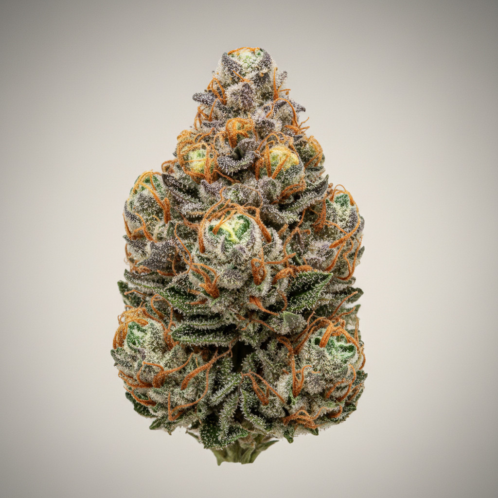 Close-up photo of a Hash Burger cannabis flower showing dense green and purple sugar leaves, burnt orange pistils, and frosty trichomes with a silvery, resinous sheen.