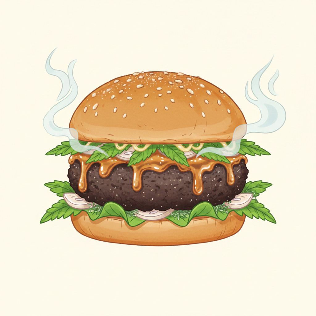 Stylized illustration of a Hash Burger showing a frosty brioche top bun, a resin-glazed hash patty with amber droplets, cannabis-leaf shaped lettuce, garlic-garnish slices and soft smoke wisps on a pale background.